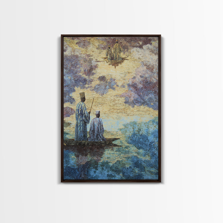 Two Robed Figures On Mystical Water Canvas Print, African Story Wall Art, Dreamy Cultural Landscape, Spiritual Home Decor
