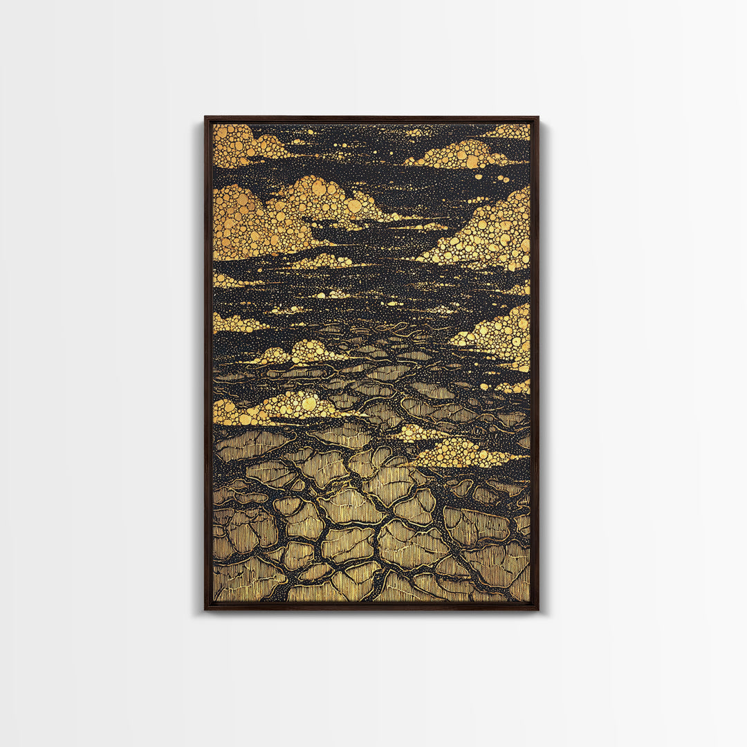 Black And Gold Cracked Earth Abstract Wall Art, Luxury Canvas Print, Textured Desert Landscape, Bold Statement Home Decor
