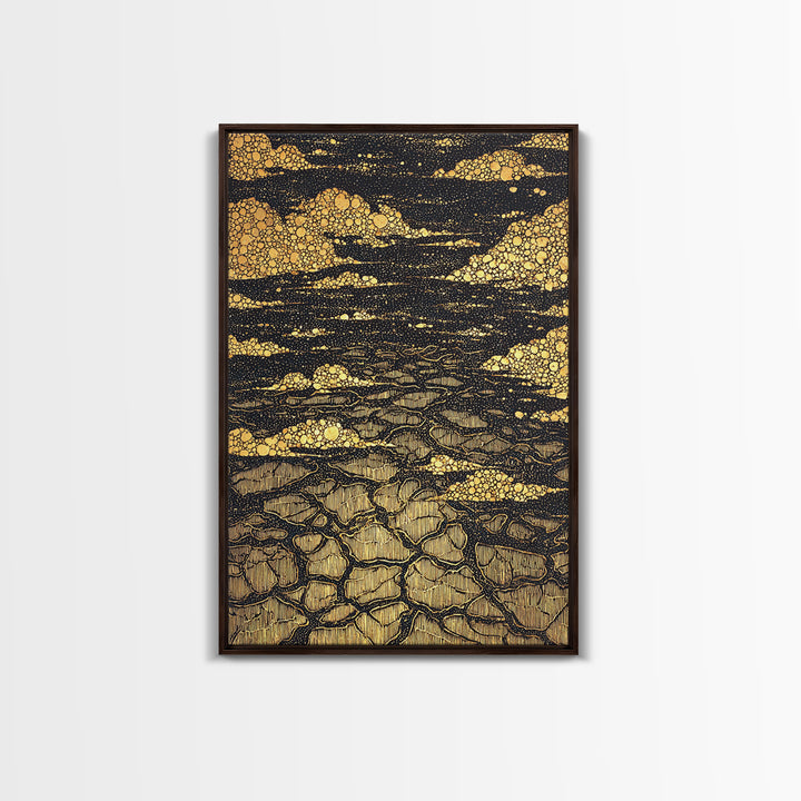 Black And Gold Cracked Earth Abstract Wall Art, Luxury Canvas Print, Textured Desert Landscape, Bold Statement Home Decor
