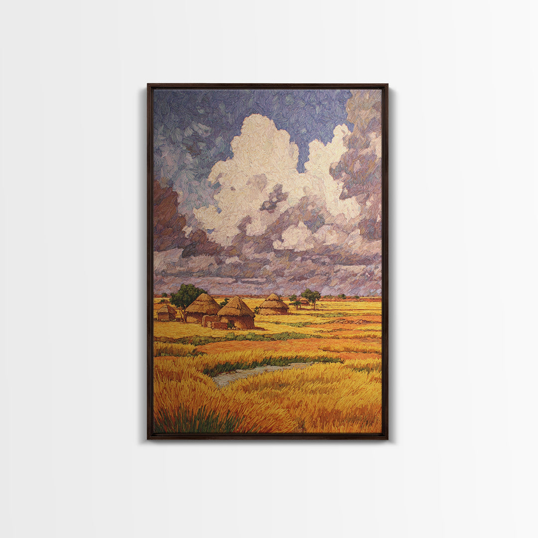 Golden African Village Under Towering Clouds Wall Art, Savannah Landscape, Rustic Home Decor, Afrocentric African Art Print