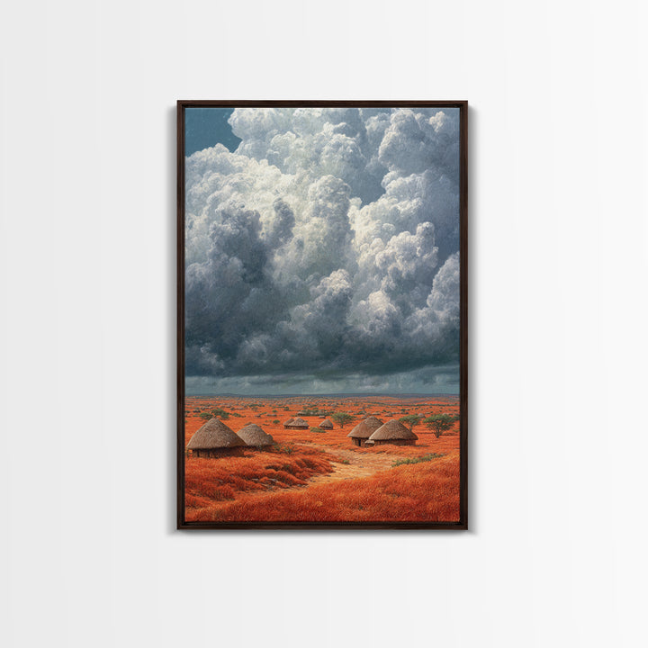Red African Village Beneath Dramatic Storm Clouds Framed Canvas Print, Safari Landscape Wall Art, Earth Tone Home Decor Gift