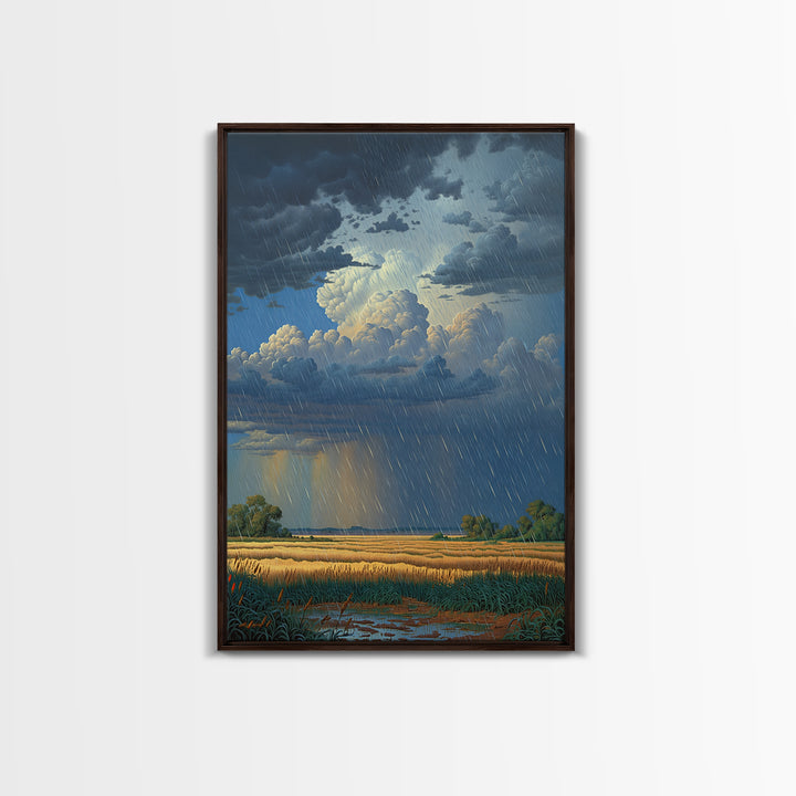 Rain Swept African Plain With Golden Fields Canvas Print, Stormy Landscape Wall Art, Safari Decor, Dramatic Office Art Gift