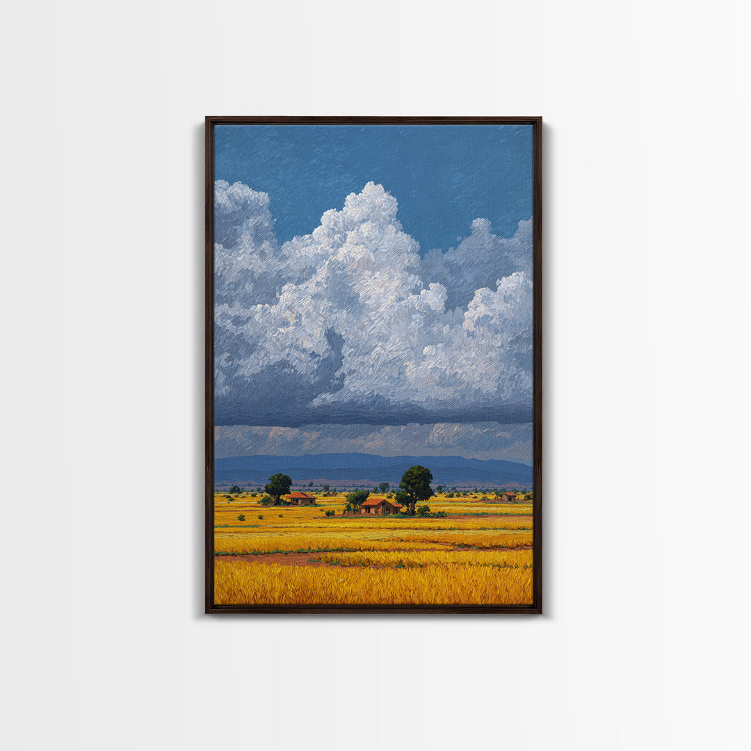Sunlit African Farmland With Puffy White Clouds Wall Art, Landscape Canvas Print, Rustic Decor, Housewarming Gift For Her