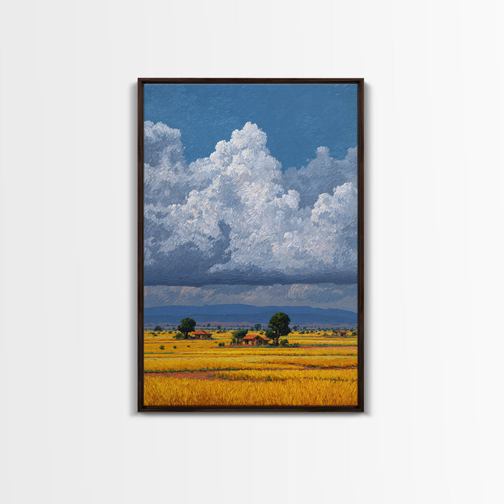 Sunlit African Farmland With Puffy White Clouds Wall Art, Landscape Canvas Print, Rustic Decor, Housewarming Gift For Her