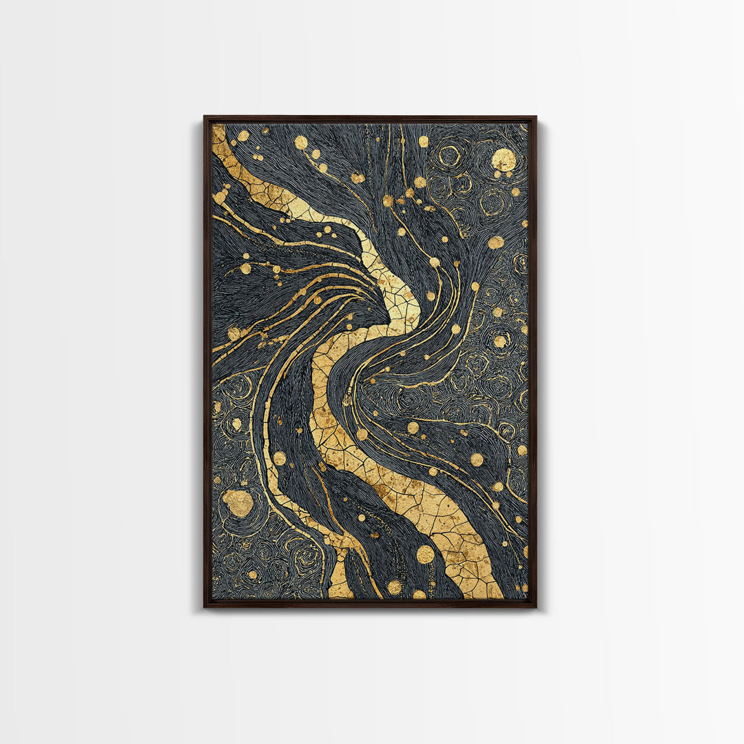 Black And Gold Abstract River Of Stars Statement Wall Art, Luxury Canvas Print, Geometric Decor, Elegant Modern Home Decor Gift