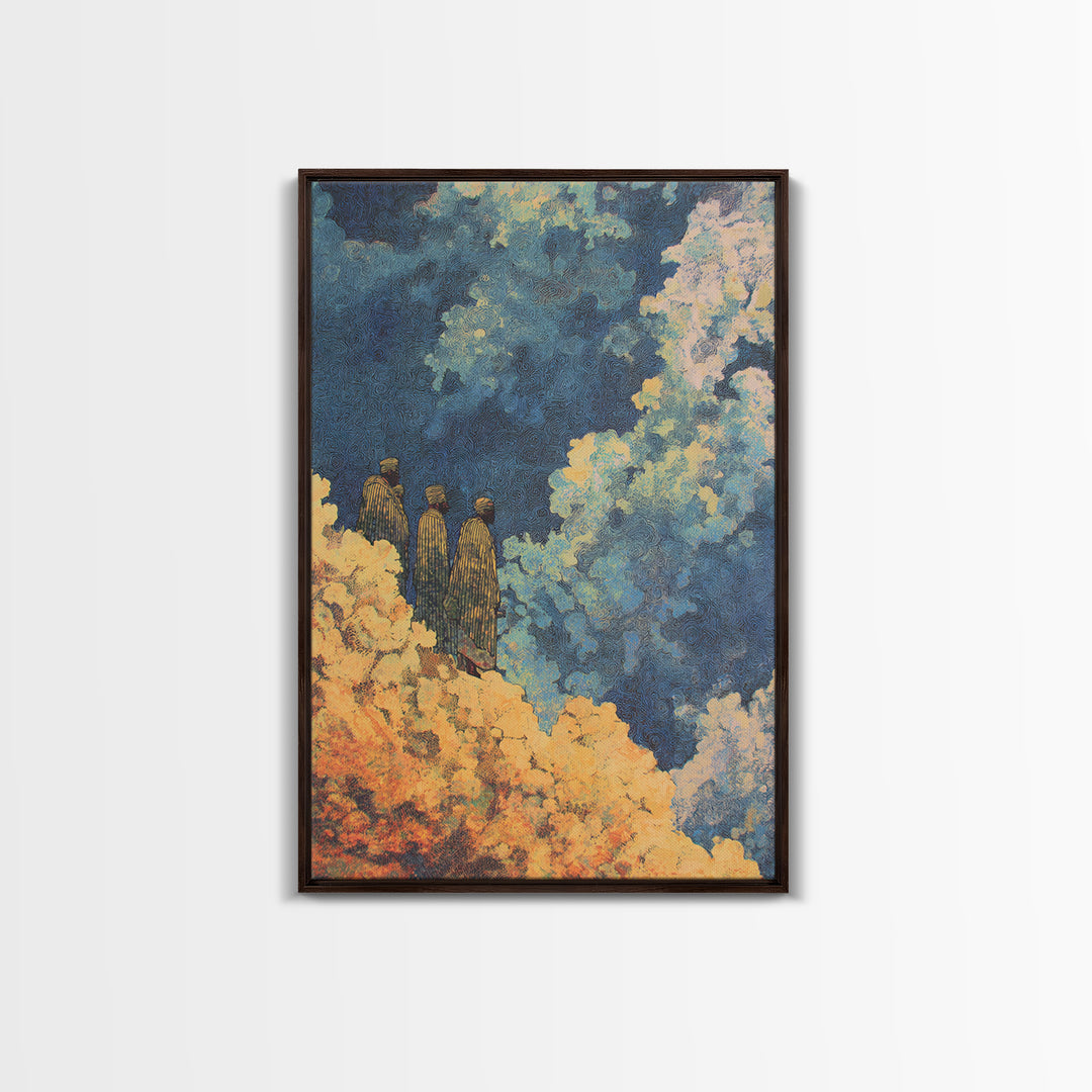 Three African Figures Walking Through Colorful Clouds Wall Art, Mystical Canvas Print, Cultural Art, Afrocentric Home Decor