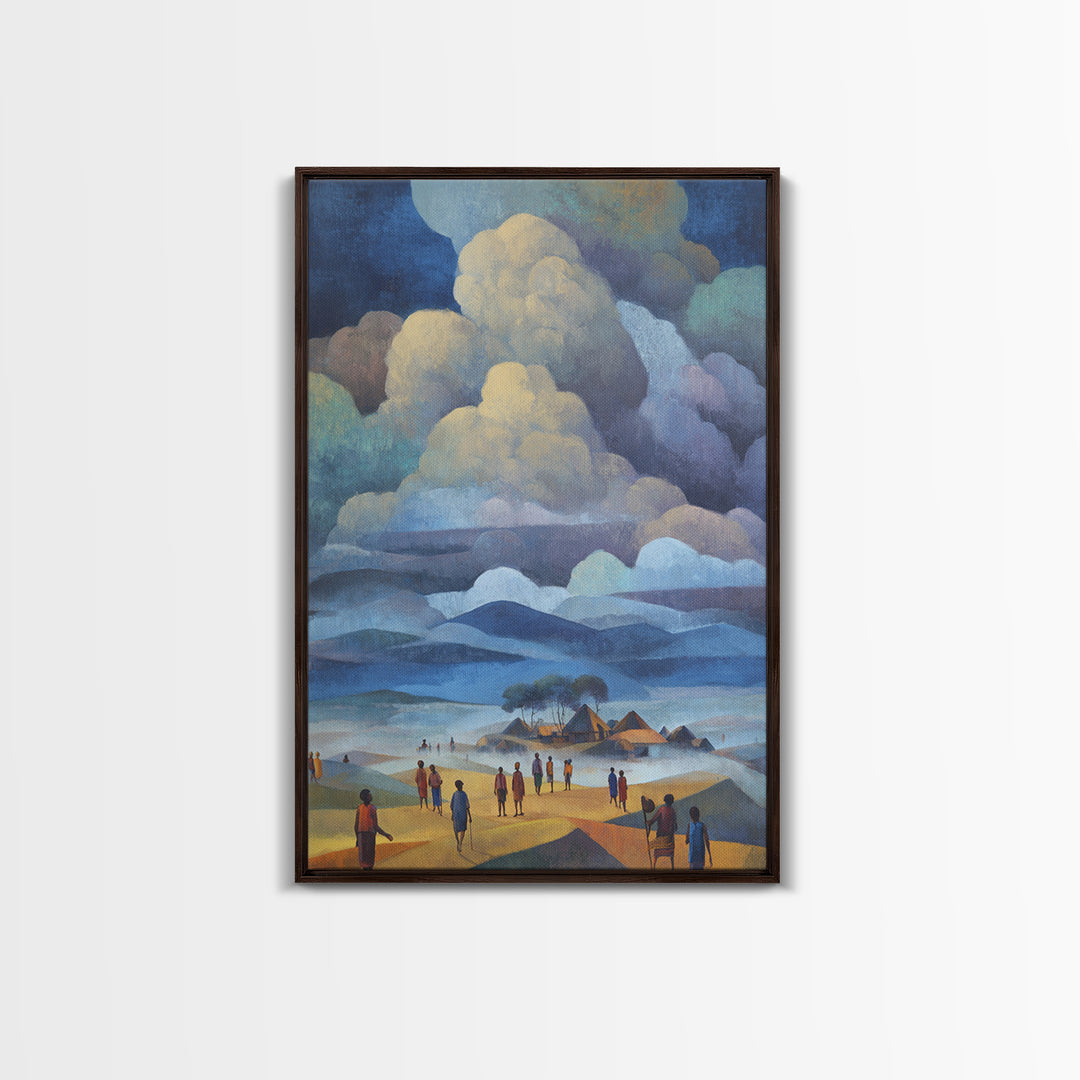 African Village Beneath Blue Storm Clouds Framed Canvas Print, Landscape Wall Decor, Cultural Home Decor, Afrocentric Art