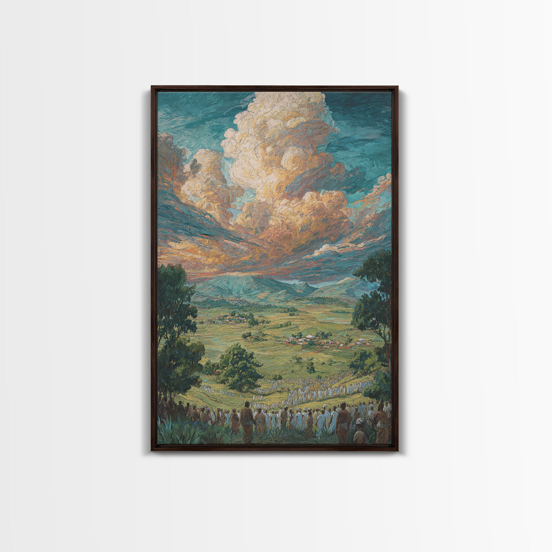 African Valley Procession Under Radiant Clouds Canvas Print, Panoramic Landscape Wall Decor, Safari Art, Cultural Gift For Home