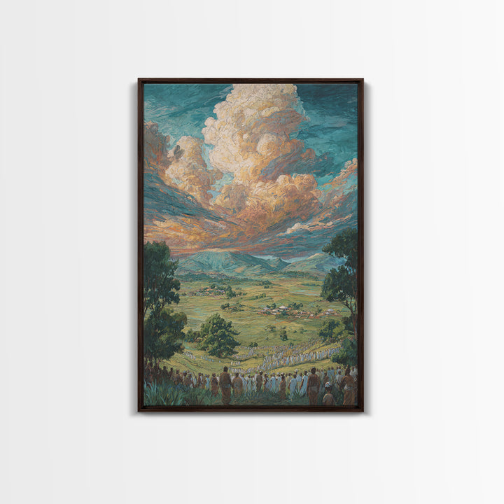 African Valley Procession Under Radiant Clouds Canvas Print, Panoramic Landscape Wall Decor, Safari Art, Cultural Gift For Home