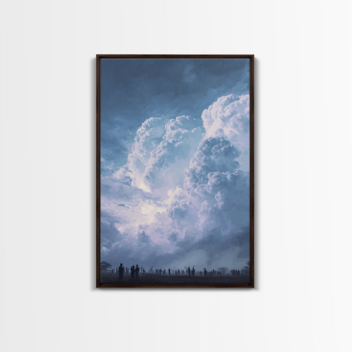 Towering White Storm Clouds Over African Horizon Framed Canvas Print, Dramatic Blue Wall Decor, Spiritual Afrocentric Art