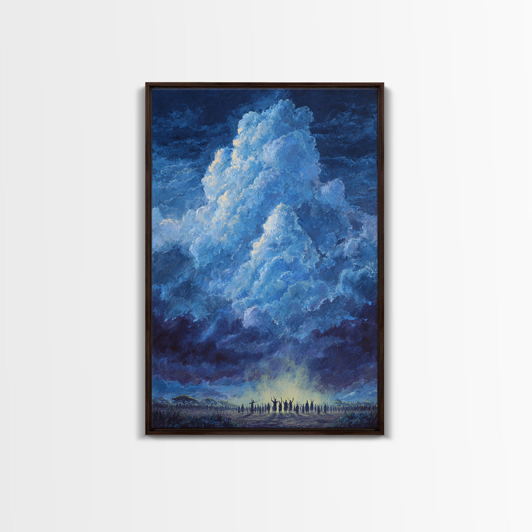 Deep Blue Thundercloud Over African Crowd Canvas Print, Dramatic Storm Sky Wall Decor, Spiritual Safari Art, Statement Gift