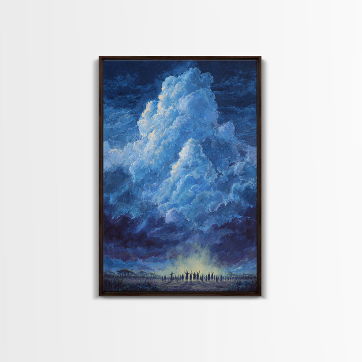Deep Blue Thundercloud Over African Crowd Canvas Print, Dramatic Storm Sky Wall Decor, Spiritual Safari Art, Statement Gift