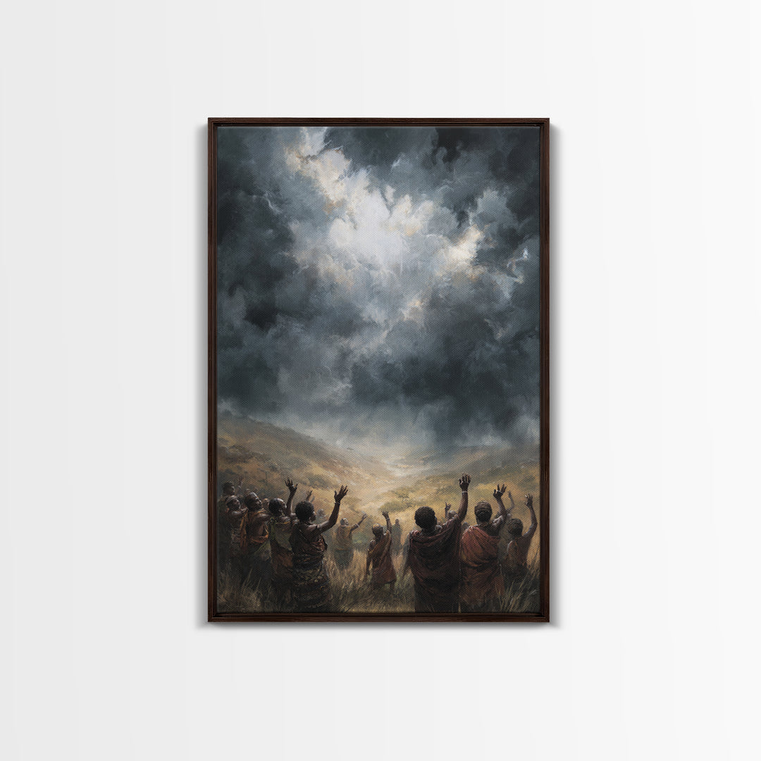 African Villagers Raising Hands To Dark Storm Sky Wall Art, Dramatic Spiritual Canvas, Cultural Decor, Black Art Gift For Home