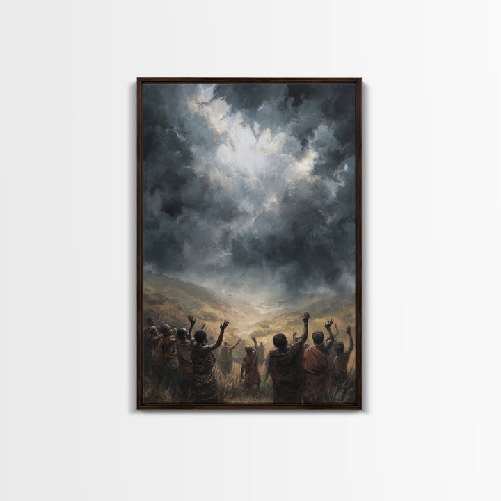 African Villagers Raising Hands To Dark Storm Sky Wall Art, Dramatic Spiritual Canvas, Cultural Decor, Black Art Gift For Home