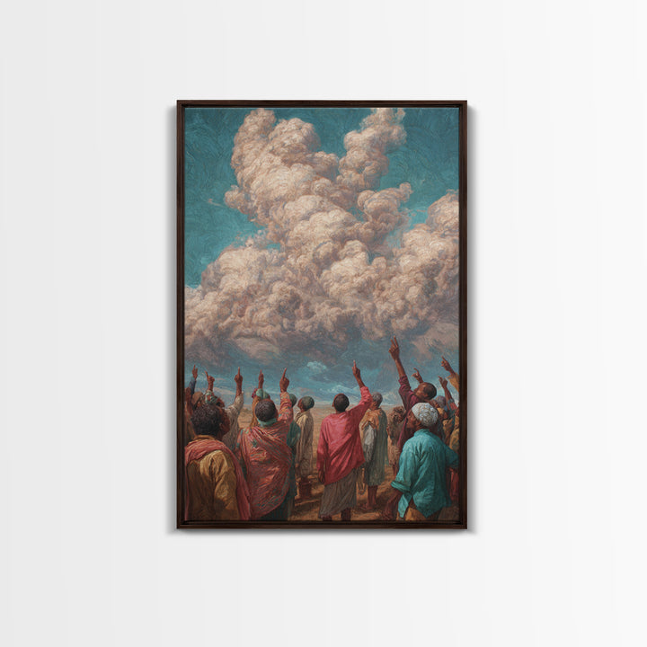 African Gathering Pointing To Rose Clouds Canvas Print, Colorful Cultural Wall Decor, Afrocentric Home Art, Unique Gift Idea