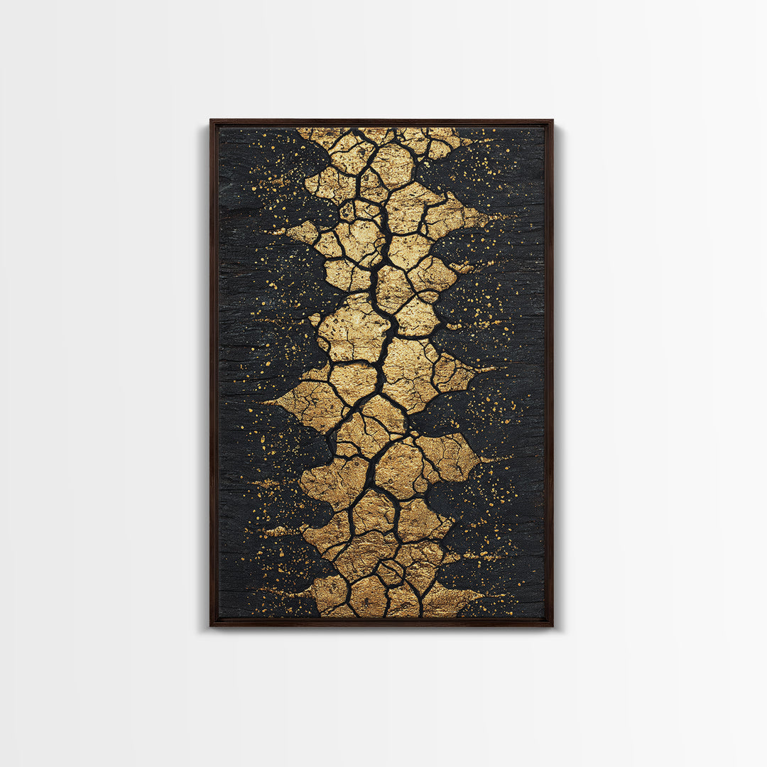 Gold Cracked Earth Africa Inspired Abstract Wall Art, Black And Gold Canvas Decor, Modern Afrocentric Texture, Luxury Gift