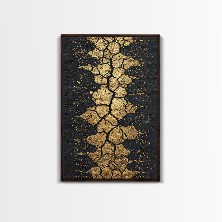 Gold Cracked Earth Africa Inspired Abstract Wall Art, Black And Gold Canvas Decor, Modern Afrocentric Texture, Luxury Gift
