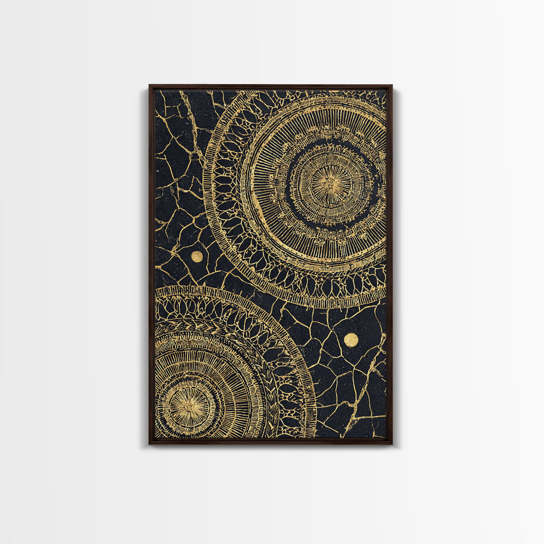 Black And Gold Tribal Mandala Pattern Framed Canvas Print, Geometric African Wall Decor, Abstract Ethnic Art, Luxury Gift