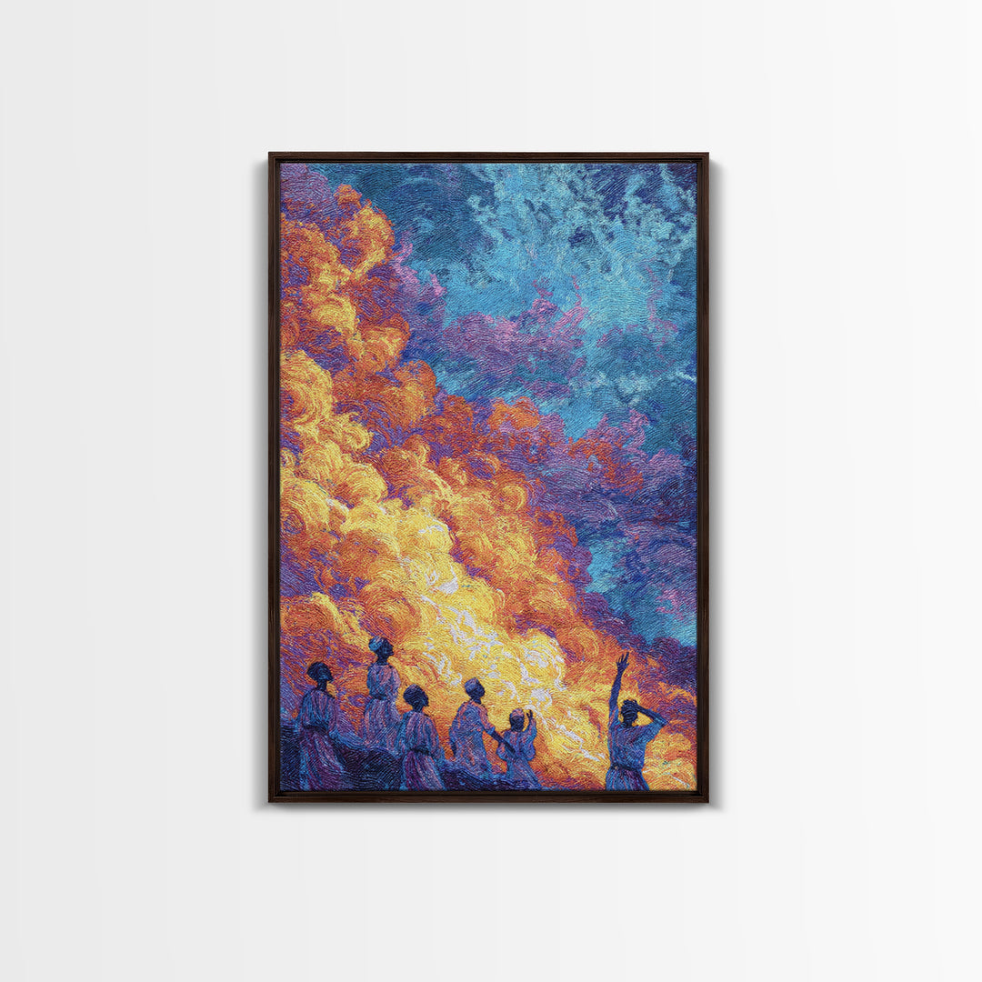 Figures Under Fiery Orange And Blue Sky Canvas Print, African Wall Art, Black People Art, Cultural Home Decor Gift, Statement Wall Decor