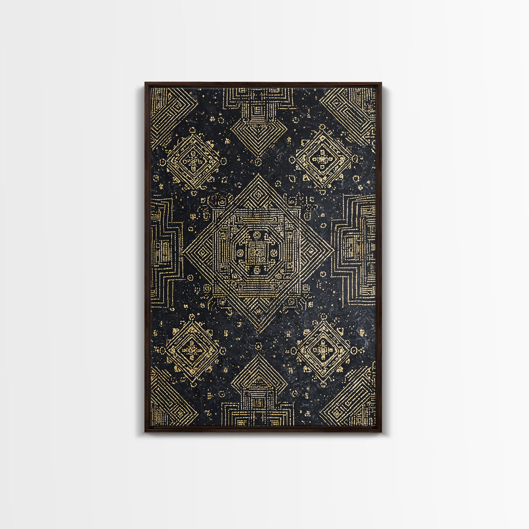 Black And Gold Sacred Geometric Pattern Framed Canvas Print, African Tribal Art, Luxury Wall Art, Spiritual Home Decor Gift