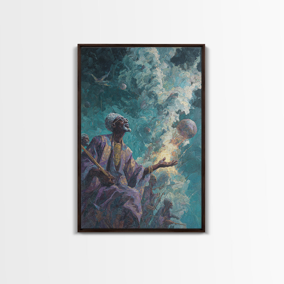 Mystic African Elder With Glowing Orb Canvas Print, Afrocentric Wall Decor, Spiritual Black Art, Ancestral Shaman Portrait
