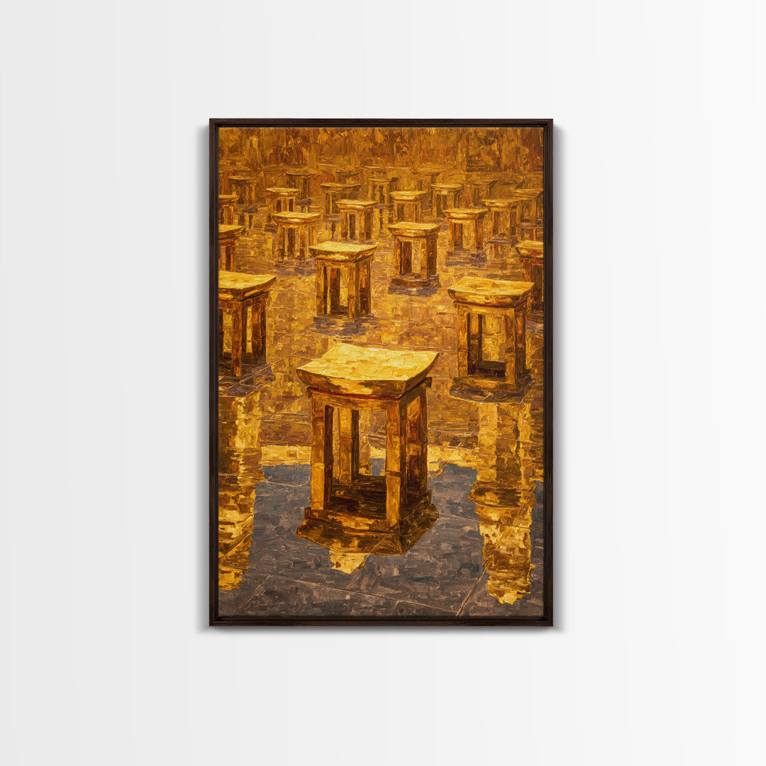 Golden Ancestral Stools In Reflective Hall Framed Canvas Print, African Decor, Cultural Wall Art, Warm Ochre Home Decor Gift