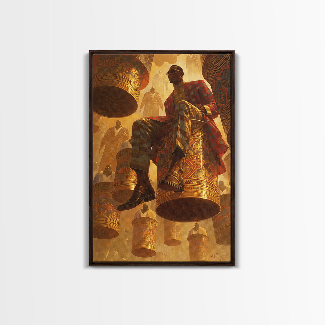 Afrofuturist Man Seated On Floating Drums Canvas Print, African Ankara Art, Regal Black Culture Wall Decor, Bold Gift For Him
