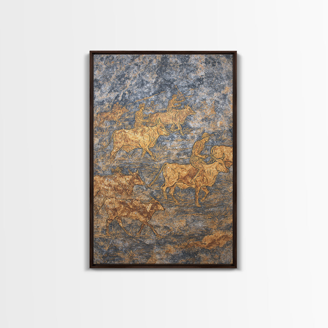Golden Cattle Herders Etched On Blue Stone Wall Art, African Safari Art, Pastoral Tribal Canvas, Cultural Home Decor, Unique Gift