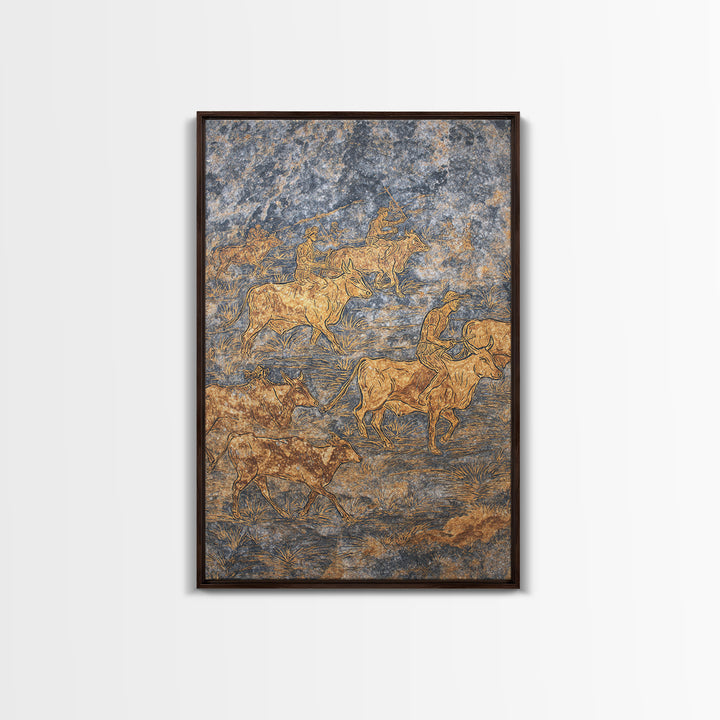 Golden Cattle Herders Etched On Blue Stone Wall Art, African Safari Art, Pastoral Tribal Canvas, Cultural Home Decor, Unique Gift
