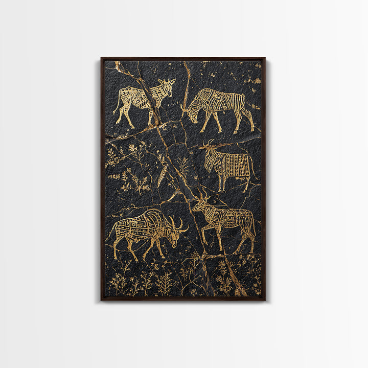 Black Gold Tribal Animal Petroglyph Canvas Print, African Safari Art, Antelope And Zebra Wall Decor, Ancient Rock Art Print