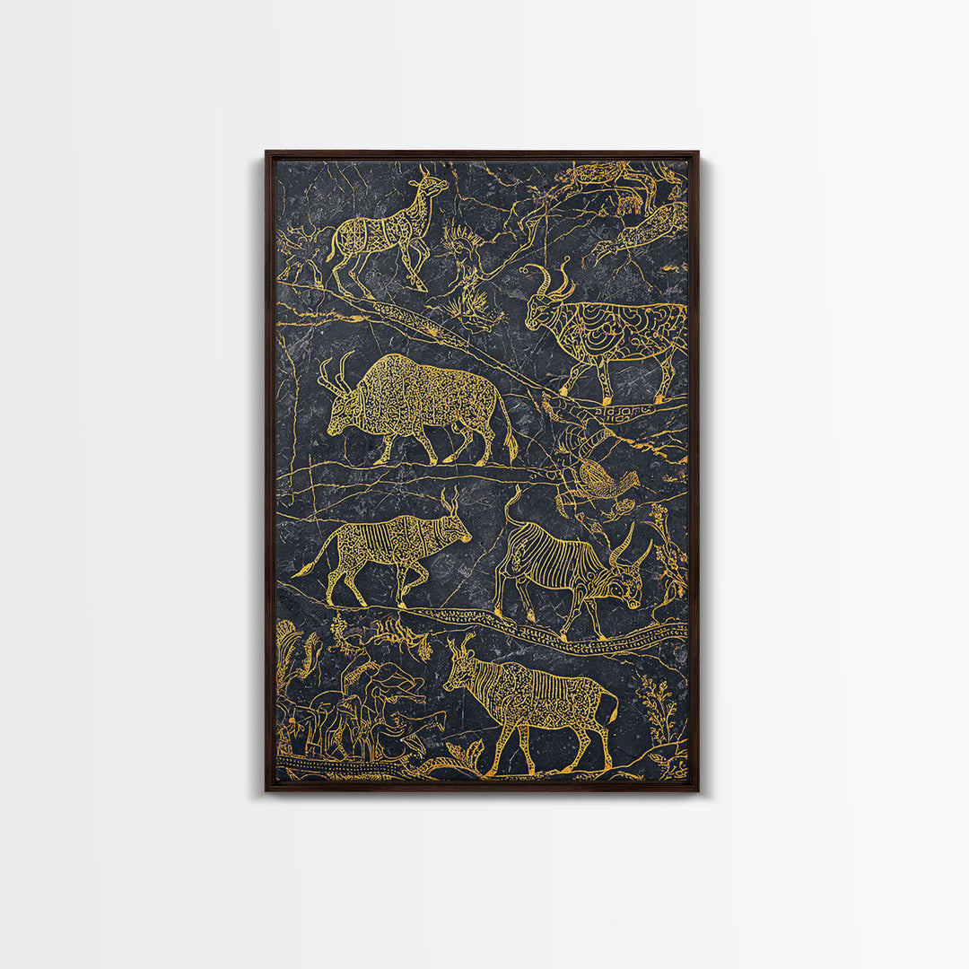 Gold Line Savanna Wildlife Migration Wall Art, African Animal Art, Tribal Antelope Canvas, Black Gold Safari Decor, Statement Gift