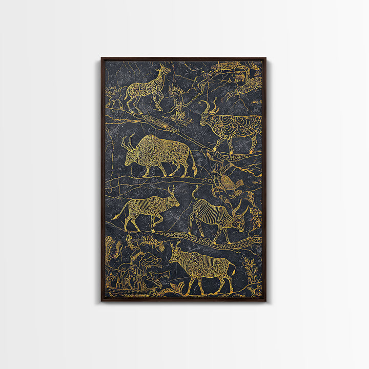 Gold Line Savanna Wildlife Migration Wall Art, African Animal Art, Tribal Antelope Canvas, Black Gold Safari Decor, Statement Gift