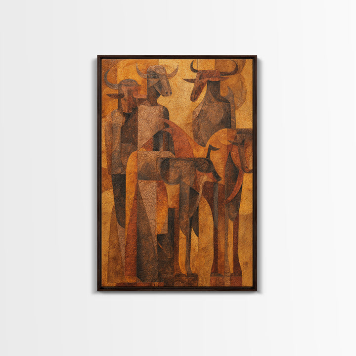 Cubist Cattle Spirits In Burnt Orange Canvas Print, African Abstract Art, Tribal Bull Wall Decor, Modern Gallery Gift For Home