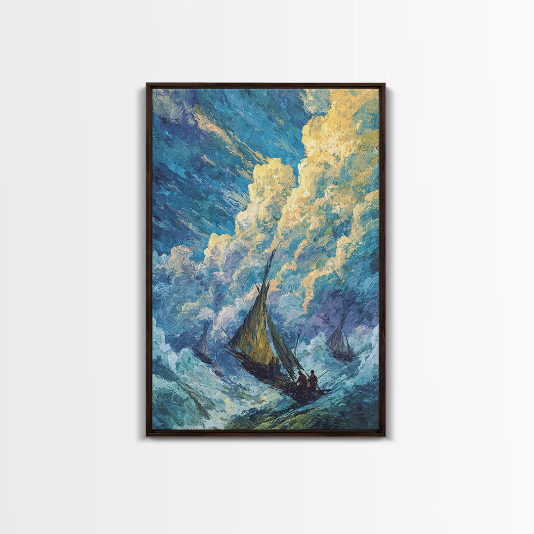 Stormy Sailboat Seascape Framed Canvas Print, Beach Art, Blue Ocean Wall Decor, Coastal Painting, Dramatic Living Room Art
