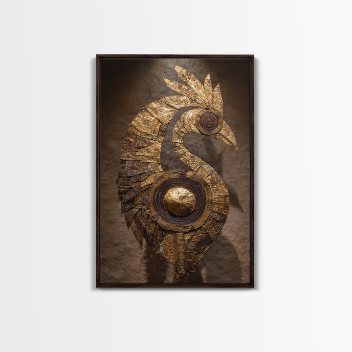 Golden Tribal Bird Sculpture Wall Art, African Inspired Decor, Black And Gold Art, Textured Art Print, Unique Home Decor Gift