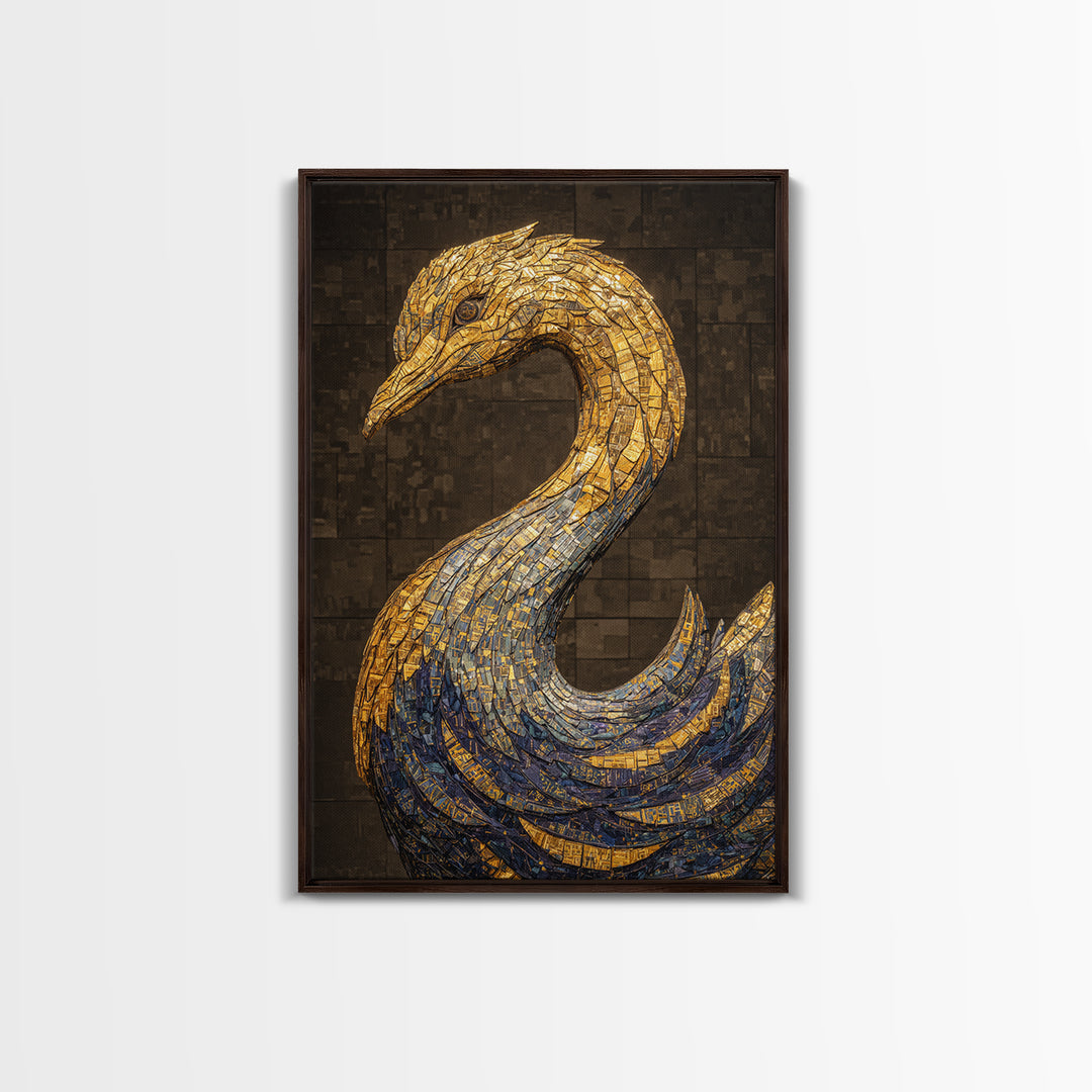 Blue Gold Mosaic Swan Framed Canvas Print, Black And Gold Art, Elegant Wall Decor, Contemporary Canvas, Statement Home Decor