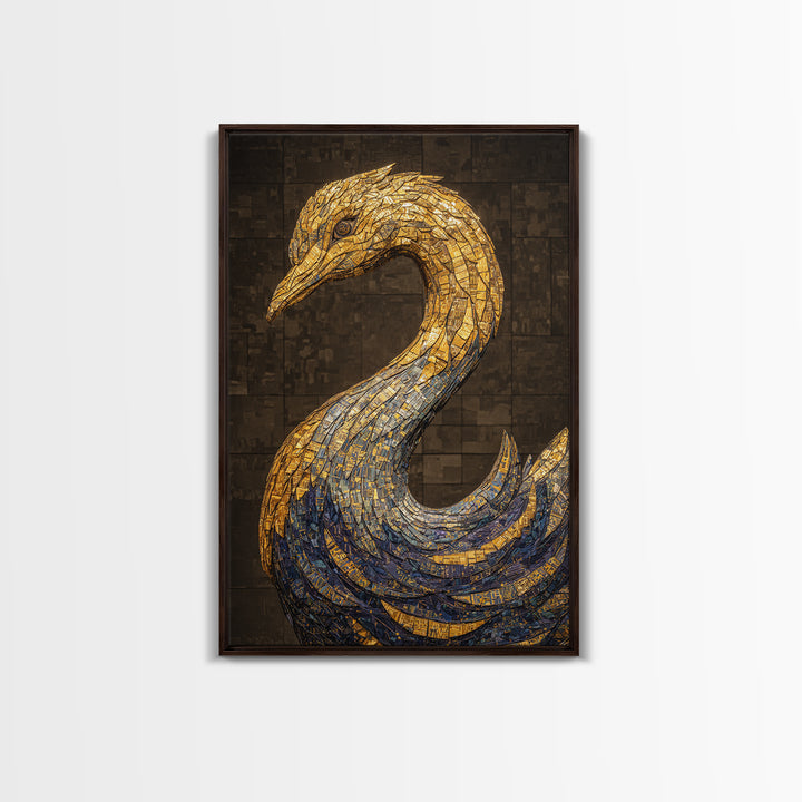 Blue Gold Mosaic Swan Framed Canvas Print, Black And Gold Art, Elegant Wall Decor, Contemporary Canvas, Statement Home Decor