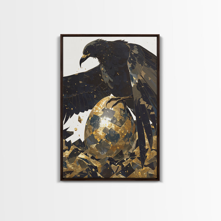 Black Eagle Golden Egg Canvas Print, Black And Gold Art, Animal Wall Decor, Bold Bird Artwork, Contemporary Living Room Art