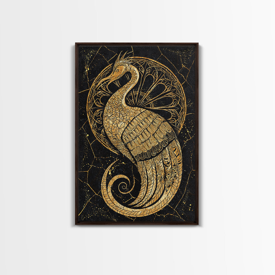 Ornate Golden Peacock Wall Art, Black And Gold Art, African Inspired Wall Decor, Mystical Animal Art, Luxury Canvas Print Gift