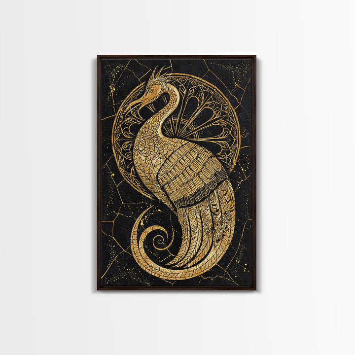 Ornate Golden Peacock Wall Art, Black And Gold Art, African Inspired Wall Decor, Mystical Animal Art, Luxury Canvas Print Gift