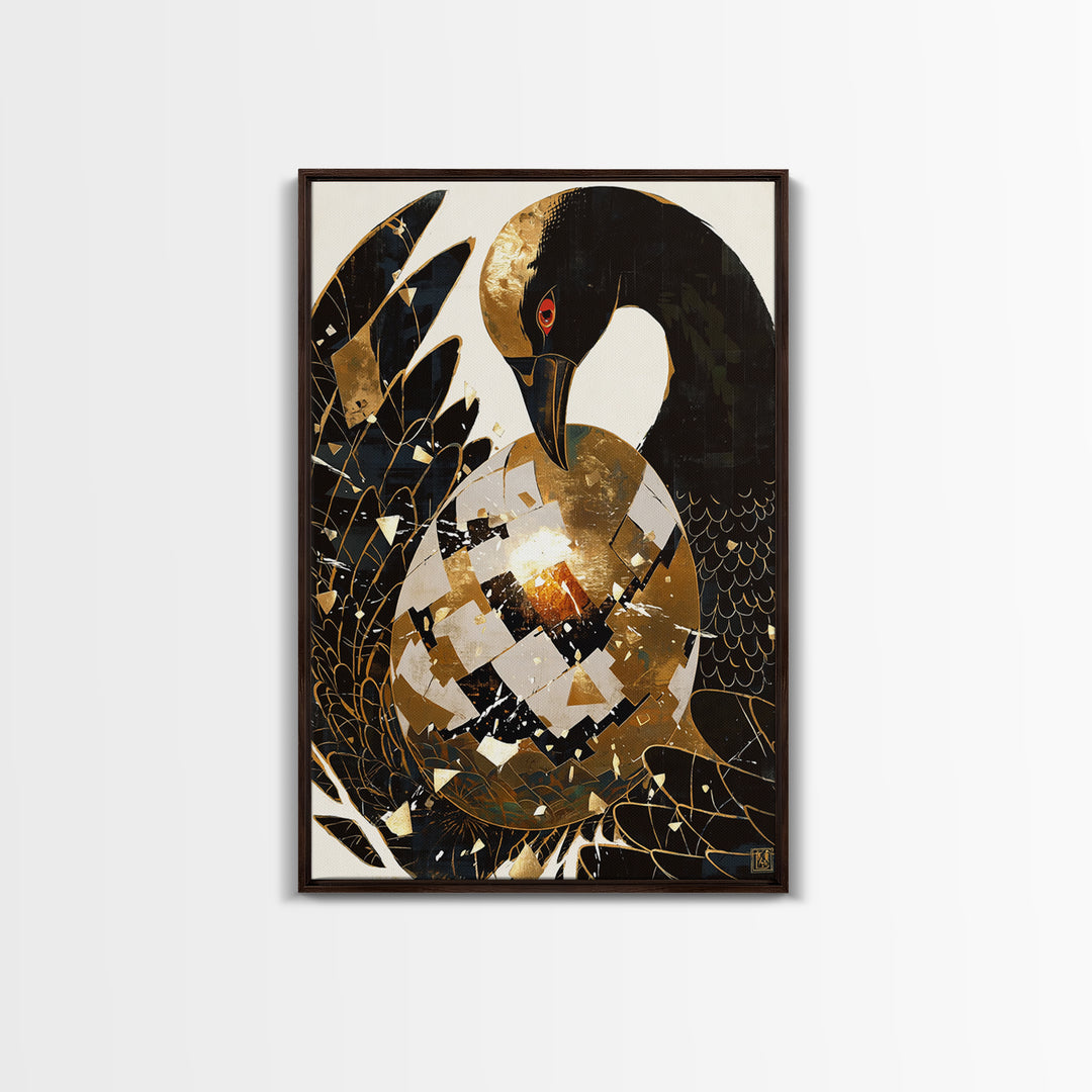 Black Crane With Golden Egg Framed Canvas Print, Black And Gold Art, Modern Bird Wall Decor, Elegant Home Decor, Unique Gift