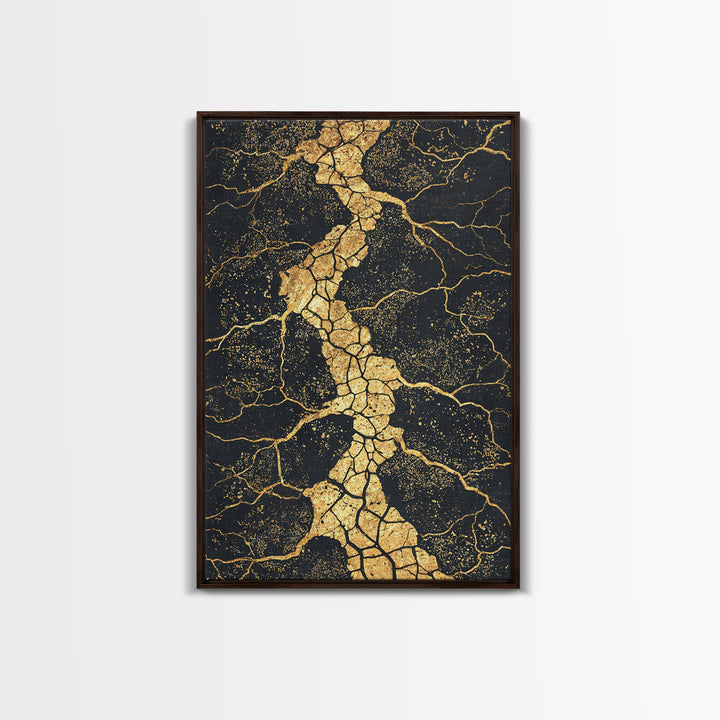 Gold Vein Crackle Abstract Canvas Print, Black And Gold Wall Art, Modern African Inspired Decor, Textured Art Print, Gift
