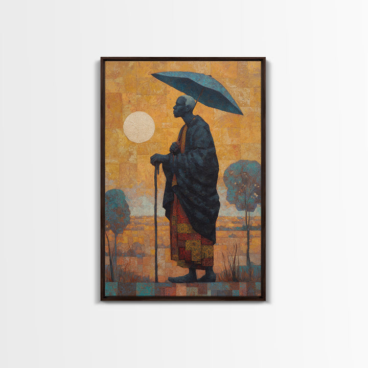 Elder With Blue Umbrella Wall Art, African Portrait Canvas Print, Burnt Orange Art, Afrocentric Decor, Meaningful Gift For Him