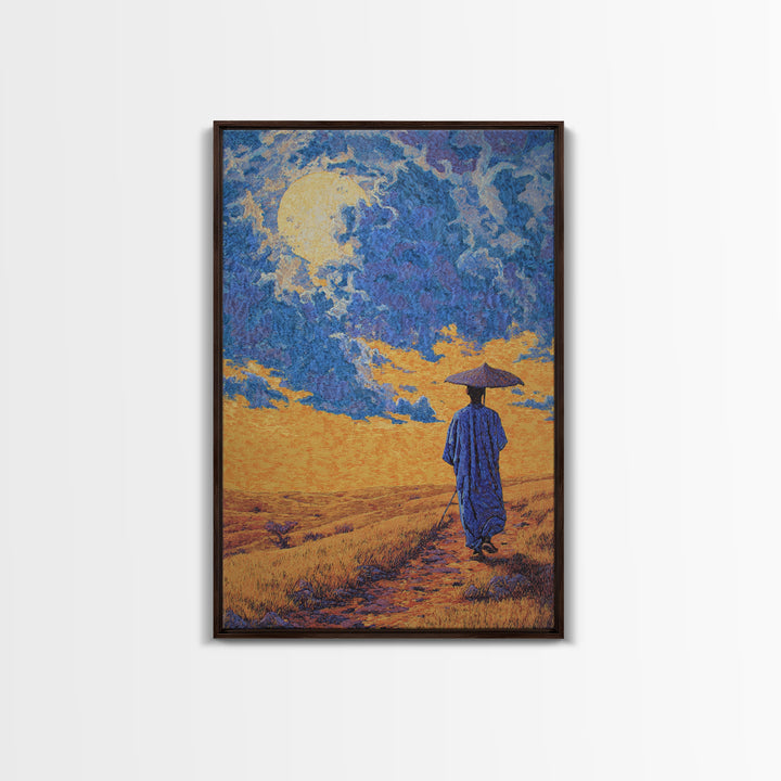 Blue Robed Traveler Under Moon Canvas Print, African Landscape Wall Art, Dreamy Wall Art, Cultural Home Decor, Gift For Him