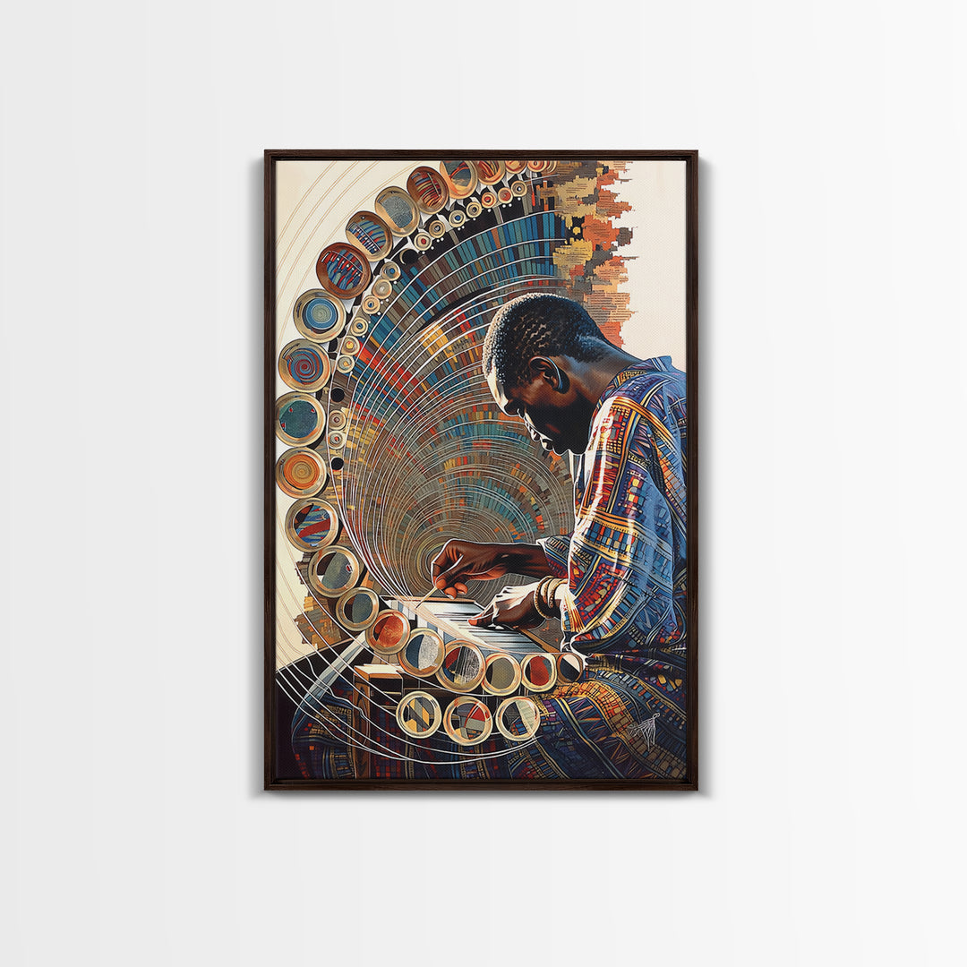 African Artist Weaving Geometric Circle Patterns Canvas Print, Modern African Art, Cultural Wall Decor, Creative Studio Gift