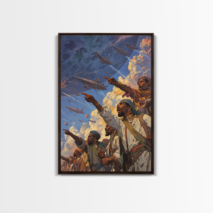 Afrofuturist Warriors Pointing At Sky Ships Wall Art, African Warrior Art, Modern African Art Print, Bold Cultural Decor