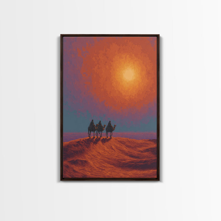 Camel Caravan Crossing Red Desert Dunes Wall Art, African Safari Art Print, Burnt Orange Art, Dreamy Landscape Decor, Gift