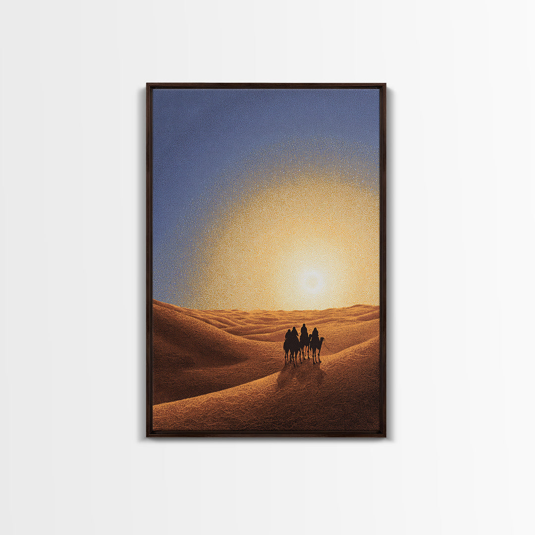 Camel Caravan In Golden Sand Dunes Canvas Print, African Safari Art, Desert Landscape Wall Decor, Warm Sunset Home Decor