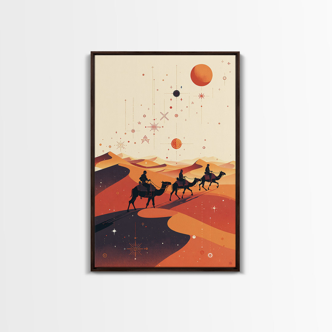 Desert Camel Caravan With Planets Canvas Print, African Travel Art, Boho Wall Decor, Orange Dunes, Celestial Safari Gift
