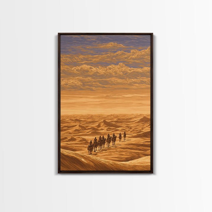 Golden Desert Caravan Across Dunes Canvas Print, African Safari Art, Sahara Landscape, Boho Wall Decor, Living Room Decor